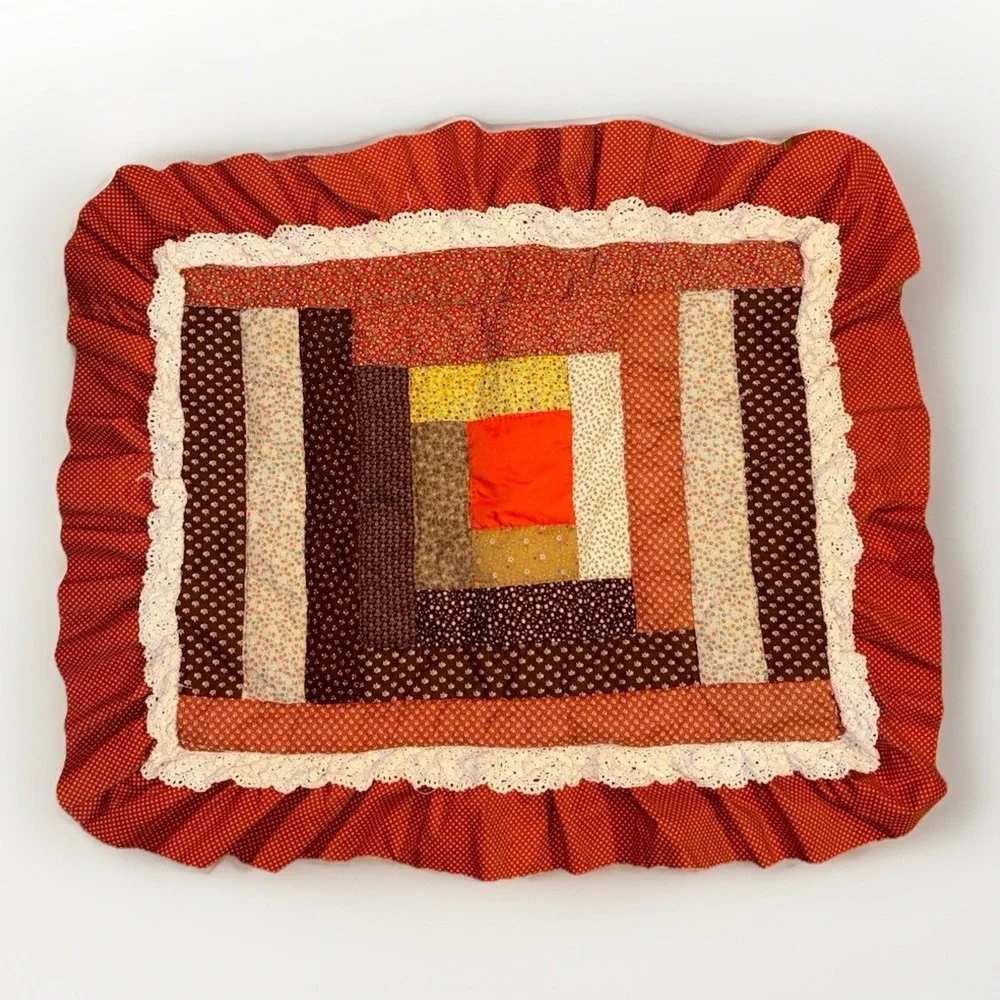 Handmade Patchwork Pillow Shams Standard Rust Cottage Farmhouse Lace Ruffle - Picture 2 of 8